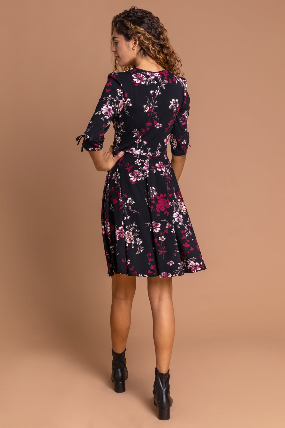 Wine Floral Print Gathered Dress, Image 2 of 5