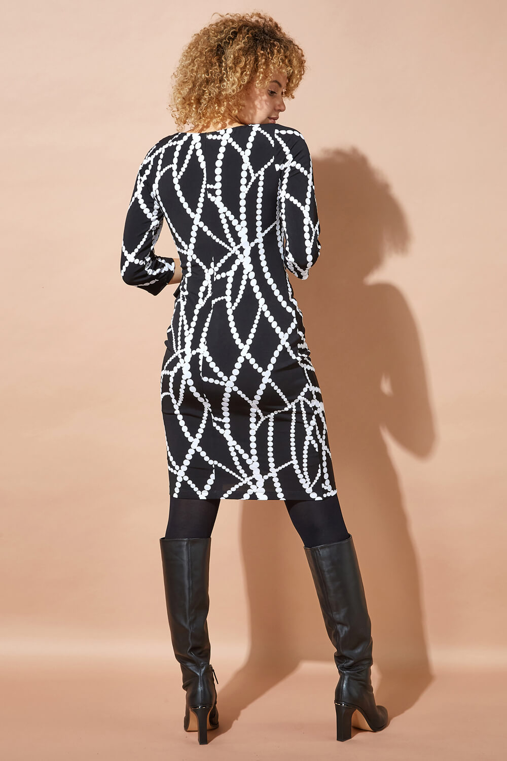 Black Textured Pearl Print Ruched Waist Dress, Image 3 of 4