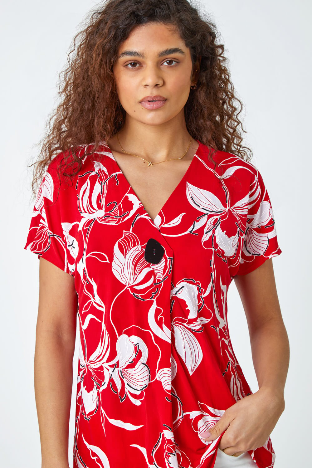 Red Floral Button Detail Stretch Top, Image 4 of 5