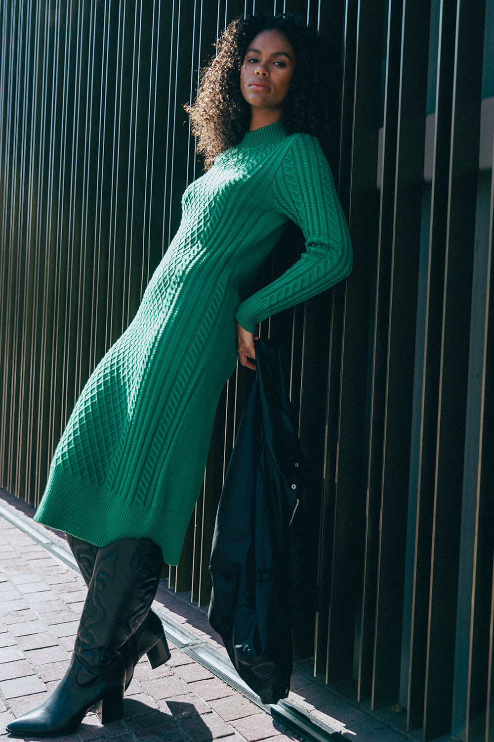 Green Cable Knit Midi Jumper Dress, Image 6 of 7