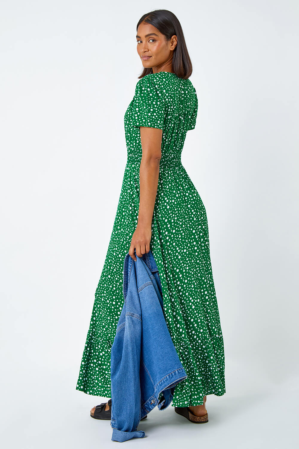 Dark Green Spot Print Frill Hem Maxi Dress, Image 3 of 5