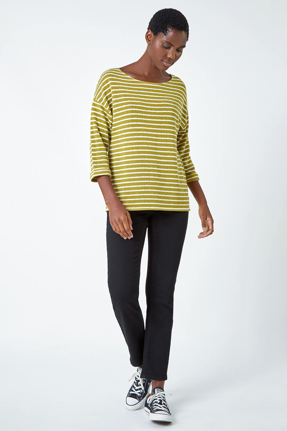 Lime Knitted Stripe Print Stretch Top , Image 2 of 5