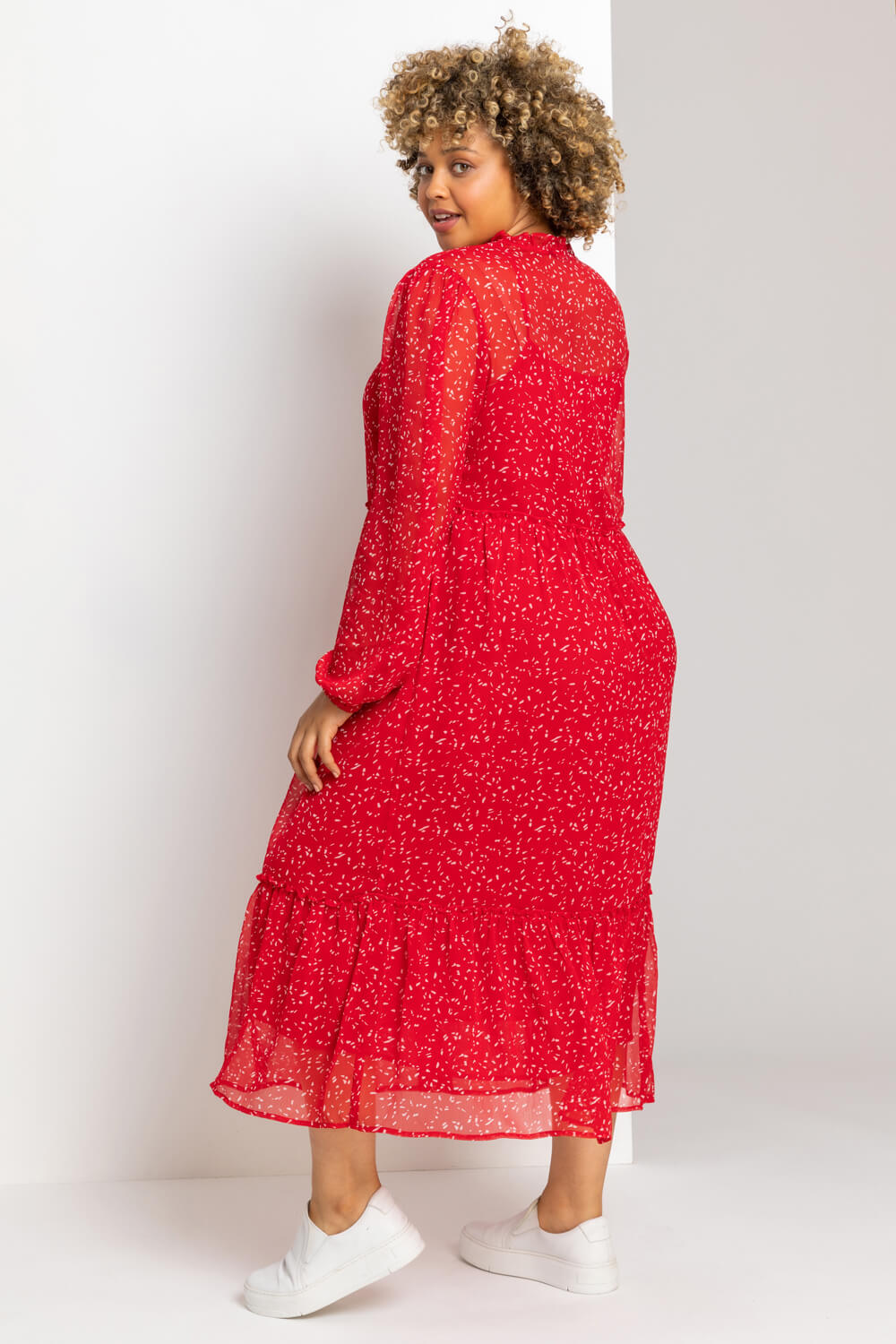 Red Curve Ditsy Print Tiered Midi Dress, Image 3 of 5