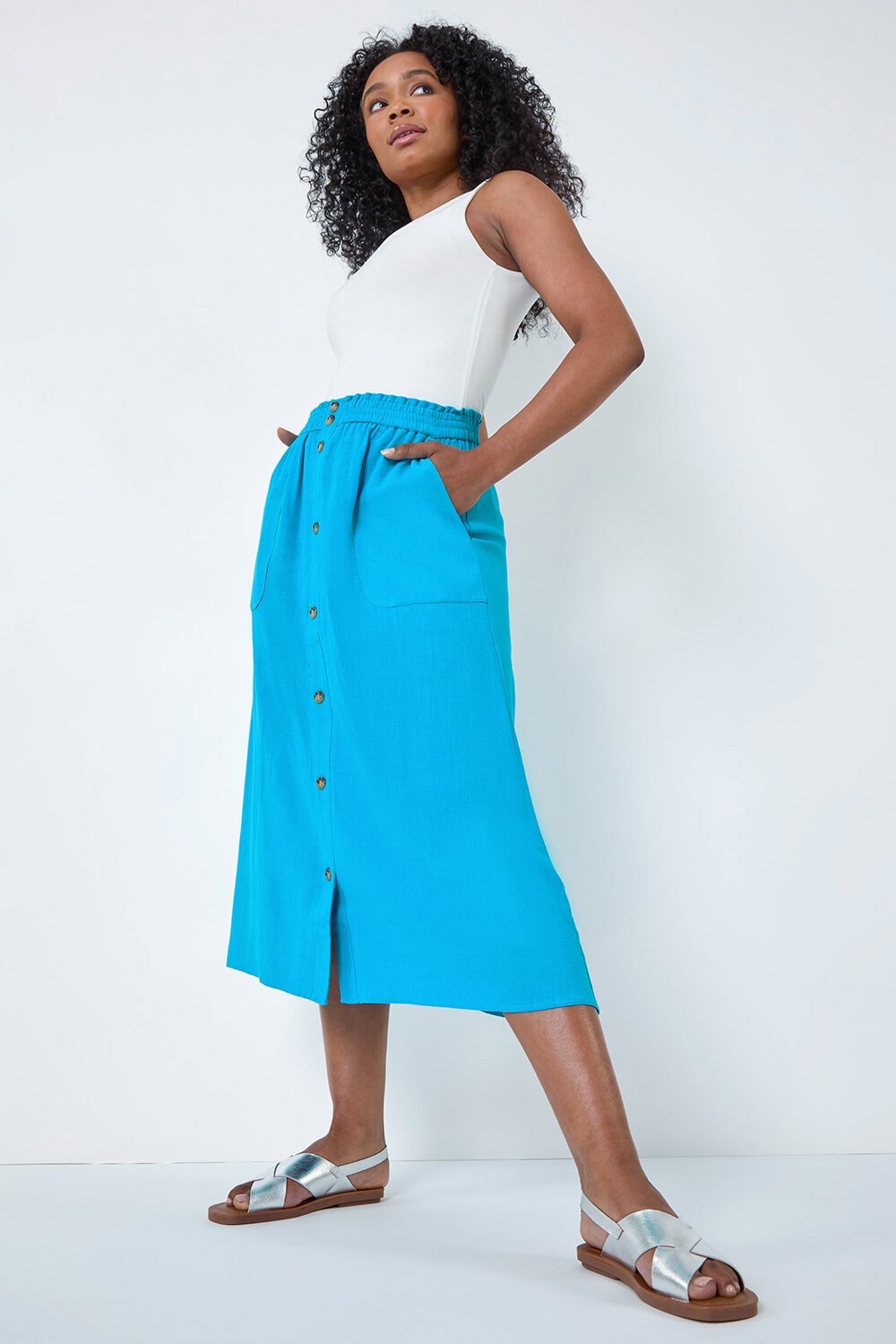 Turquoise Petite Linen Blend Button Midi Skirt, Image 2 of 5