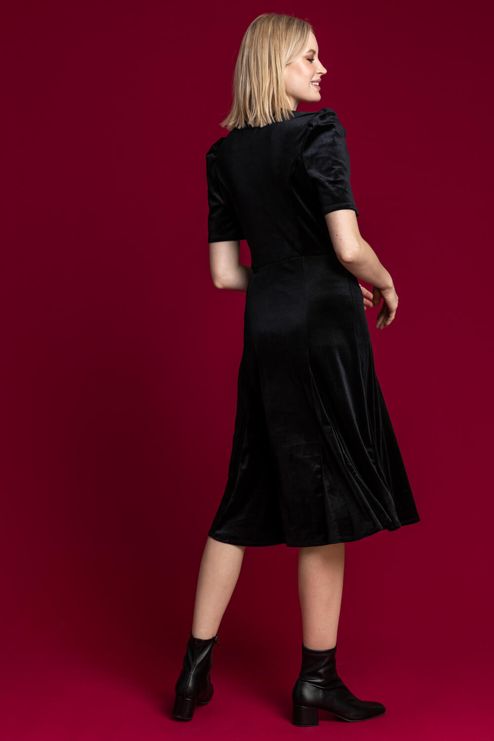 Black Velvet Button Detail Midi Dress, Image 2 of 5
