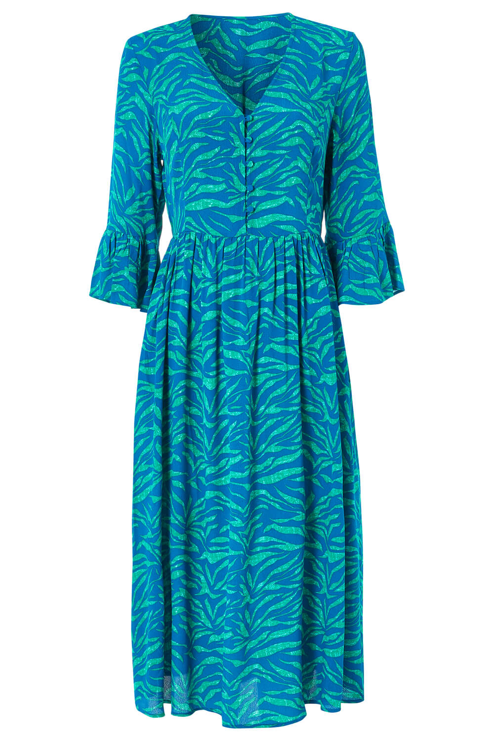Turquoise Abstract Animal Print Button Detail Midi Dress, Image 4 of 4