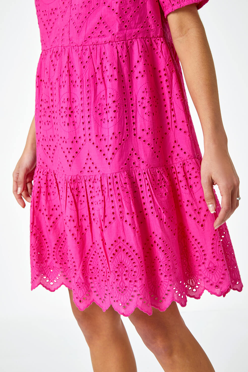 Fuchsia Embroidered Tiered Cotton Smock Dress, Image 5 of 5