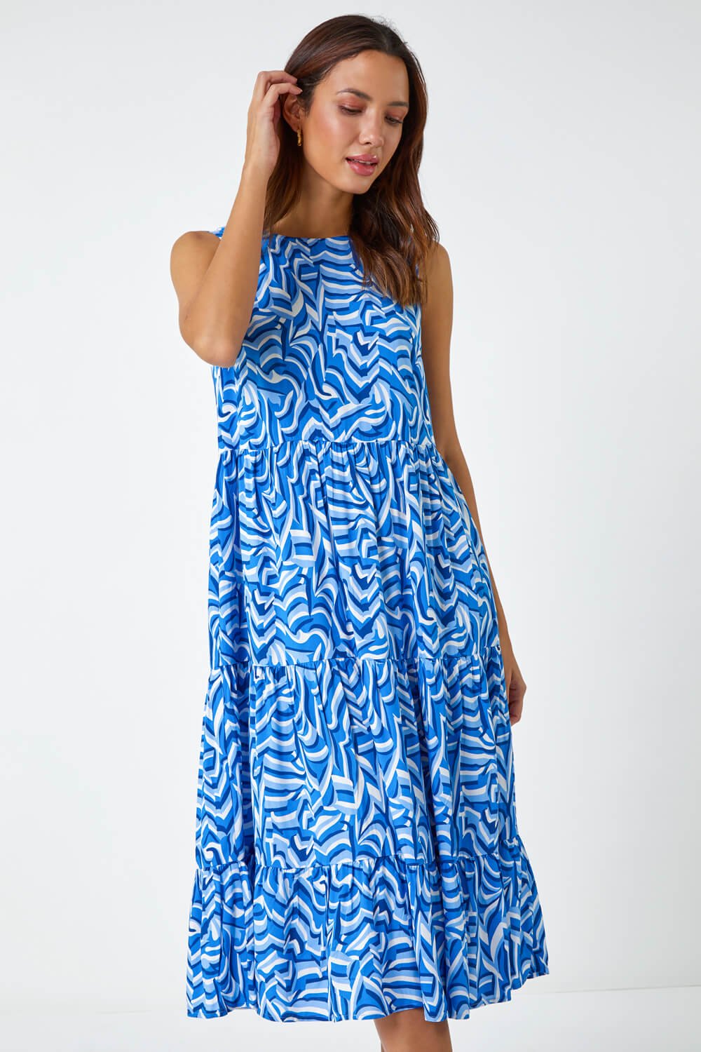 Blue Sleeveless Geometric Print Smock Dress, Image 4 of 5