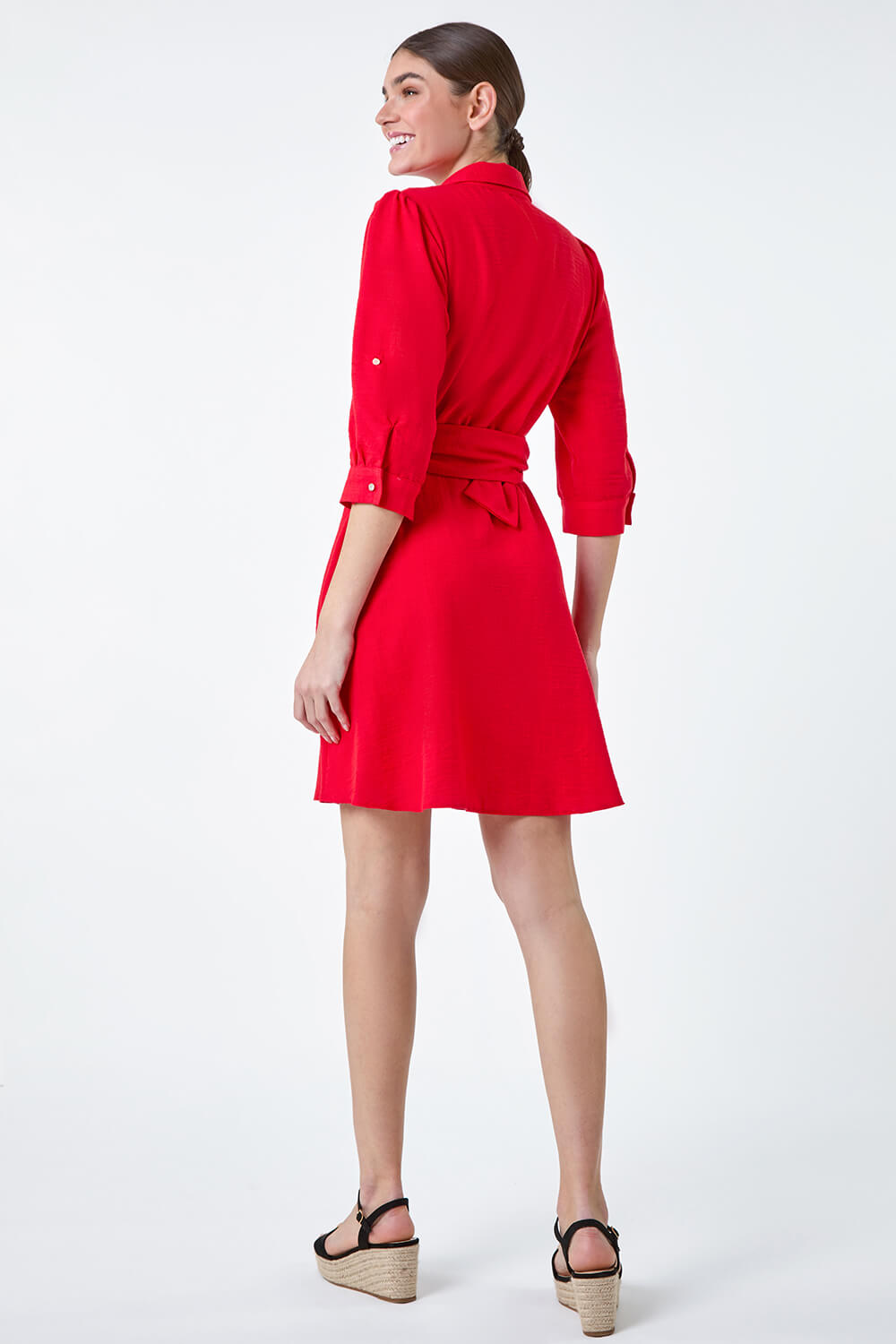 Red Short Belted Shirt Dress, Image 4 of 5