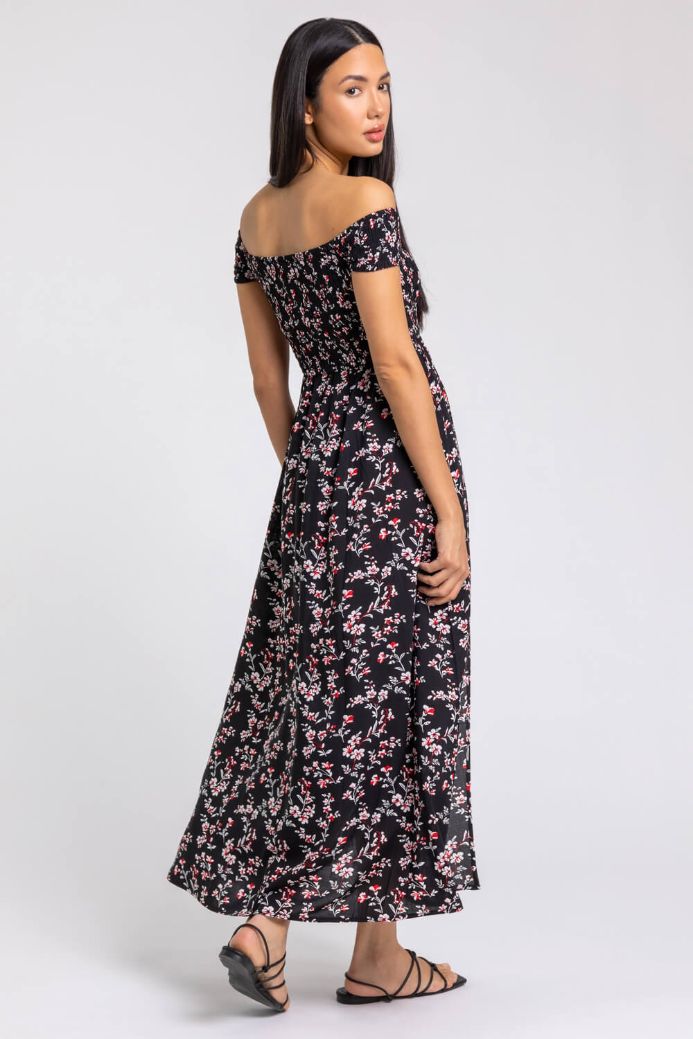 Black Shirred Floral Print Bardot Dress, Image 2 of 4