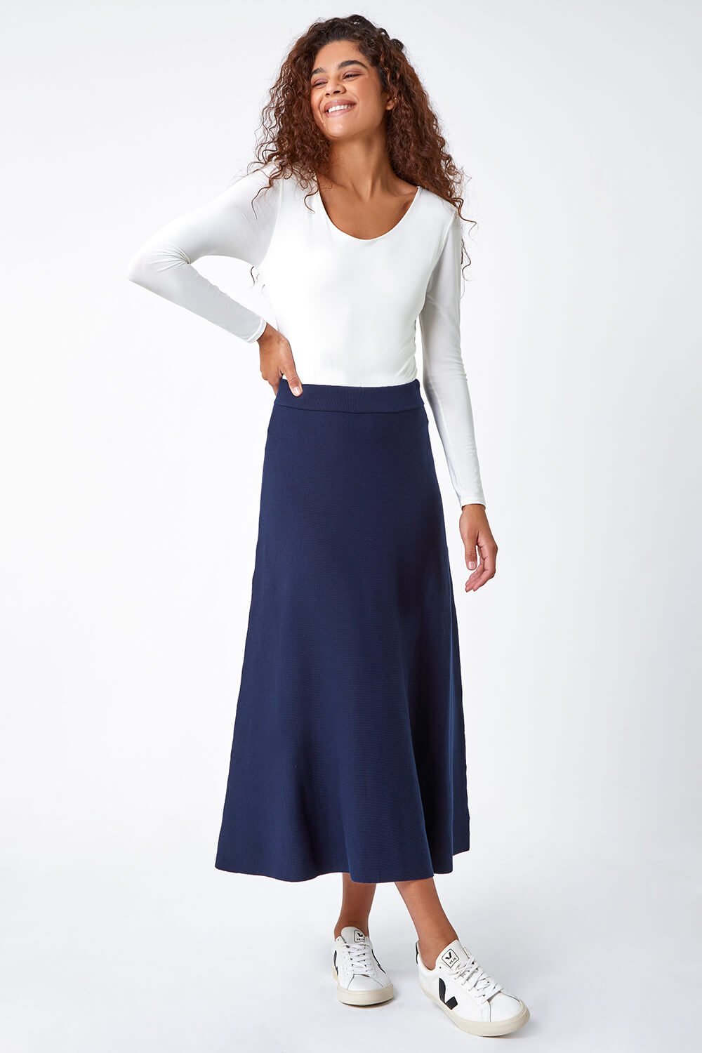 Midnight Blue Plain Knitted Midi Skirt, Image 2 of 5