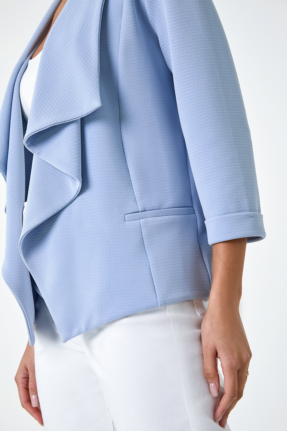 Light Blue  Textured Stretch Waterfall Front Jacket, Image 5 of 6