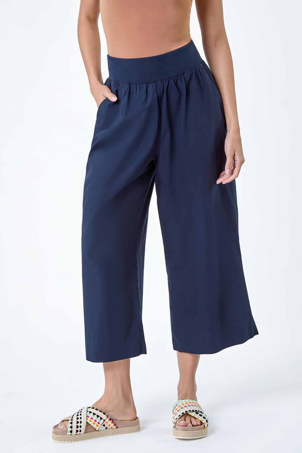Navy  Wide Leg Cotton Culottes, Image 4 of 5