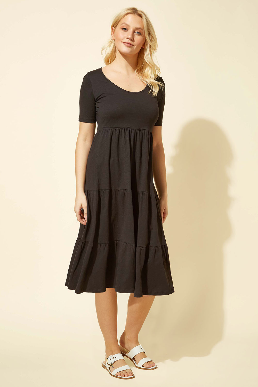 Black Tiered Jersey Midi Dress, Image 3 of 4