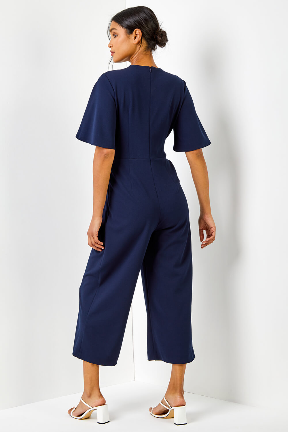 Navy  Angel Sleeve Cropped Wrap Jumpsuit, Image 2 of 5