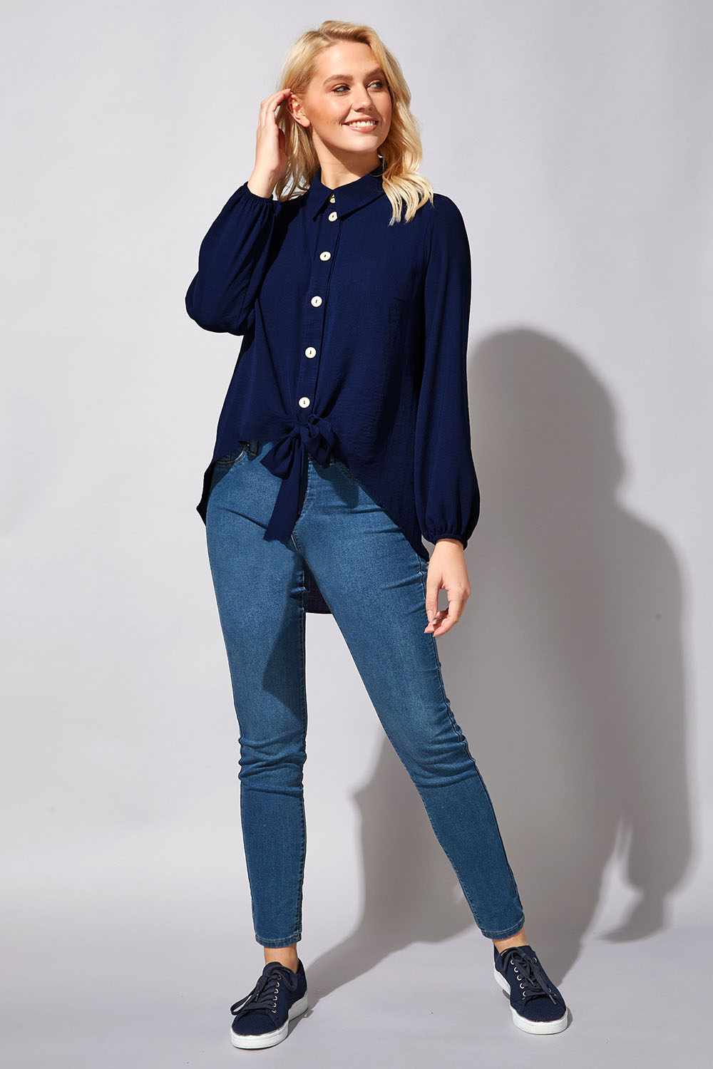 Navy  Tie Front Button Blouse, Image 2 of 4