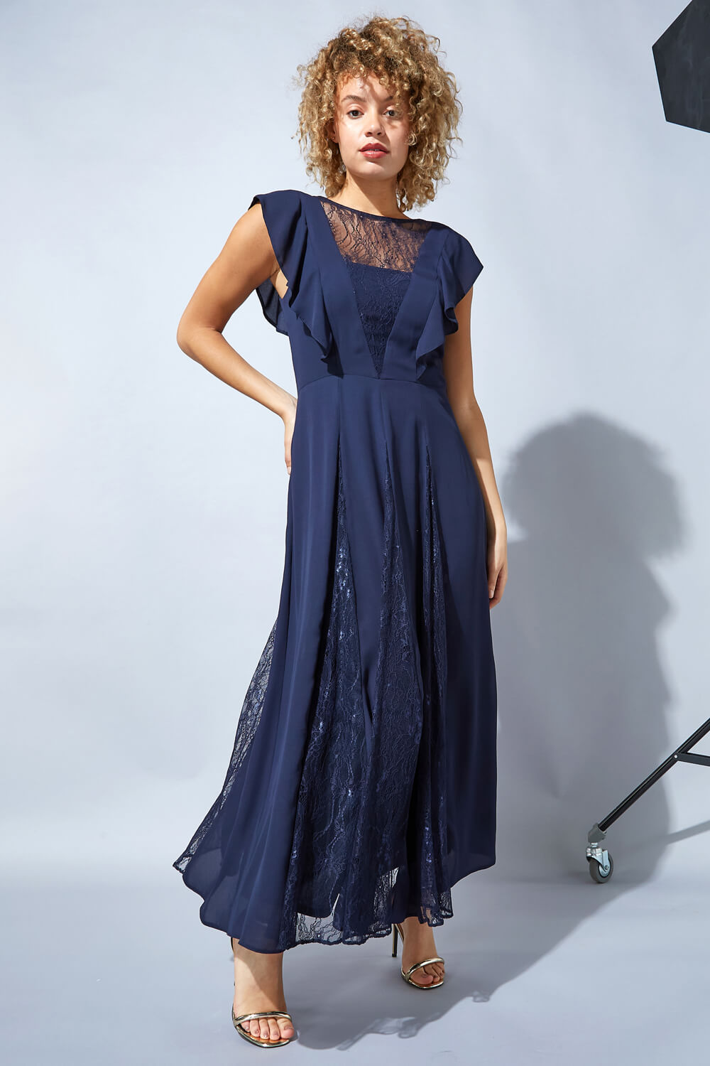Navy  Chiffon Frill Lace Embellished Maxi Dress, Image 4 of 4