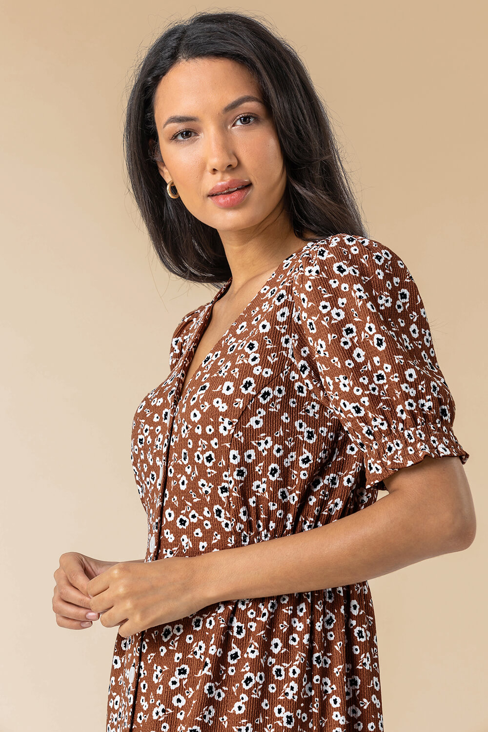 Taupe Floral Print Button Through Dress, Image 5 of 5