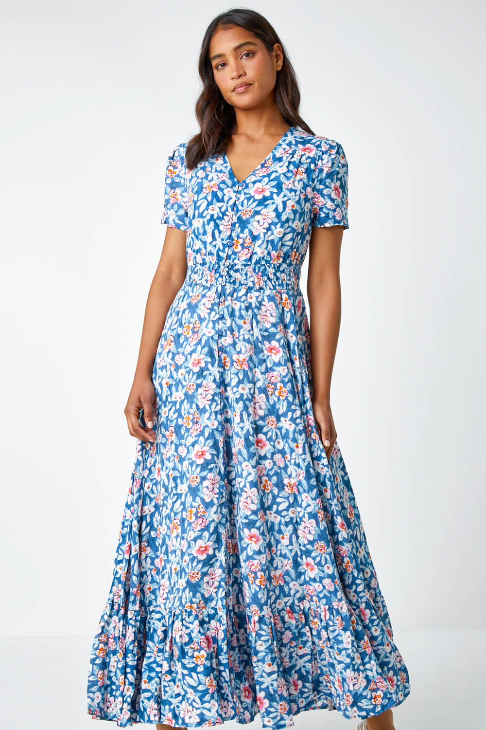 Blue Floral Frill Hem Button Maxi Dress | Roman UK
