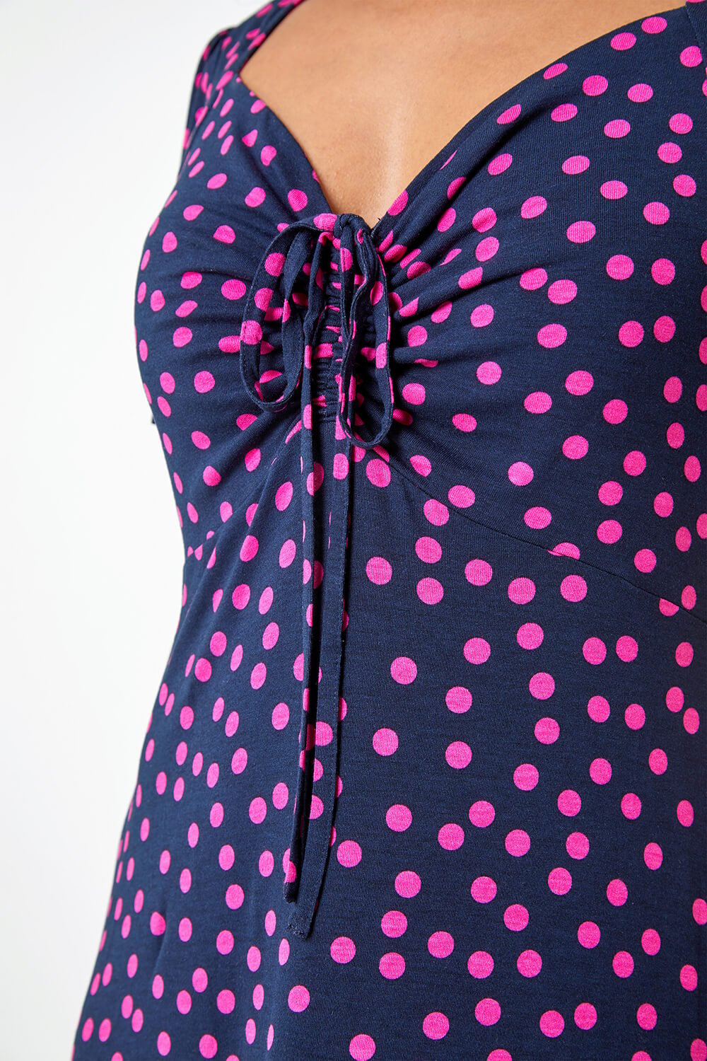 Navy  Petite Polka Dot Ruched Stretch Dress, Image 5 of 5