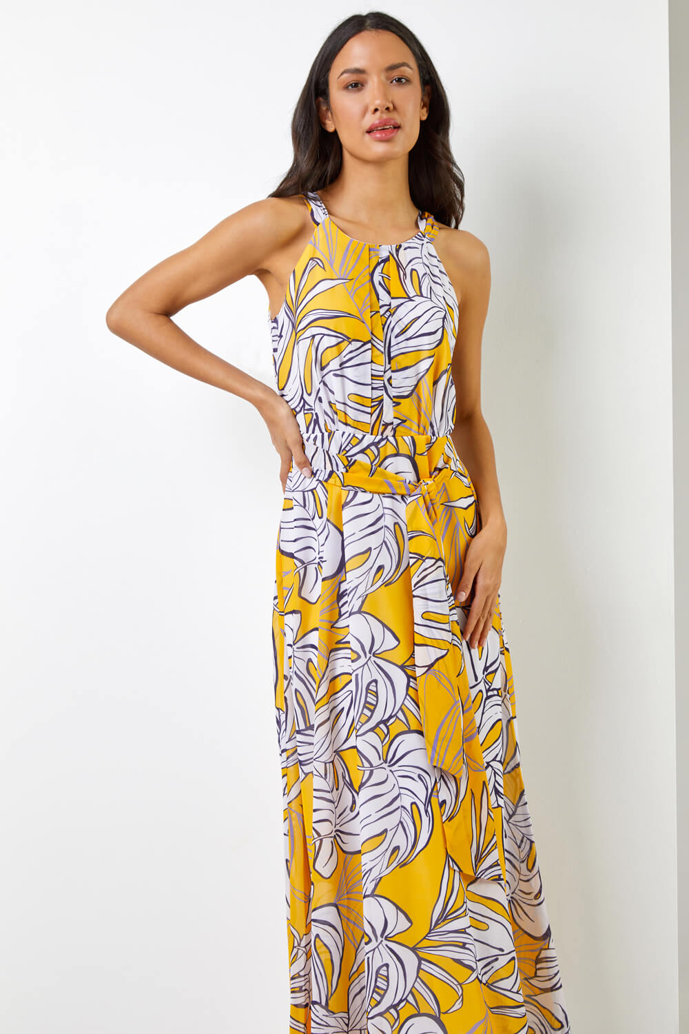 Yellow Tropical Leaf Print Maxi Dress, Image 3 of 5