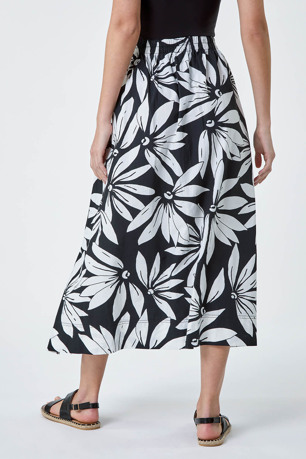 Black Floral Cotton Poplin Pocket Skirt, Image 3 of 5