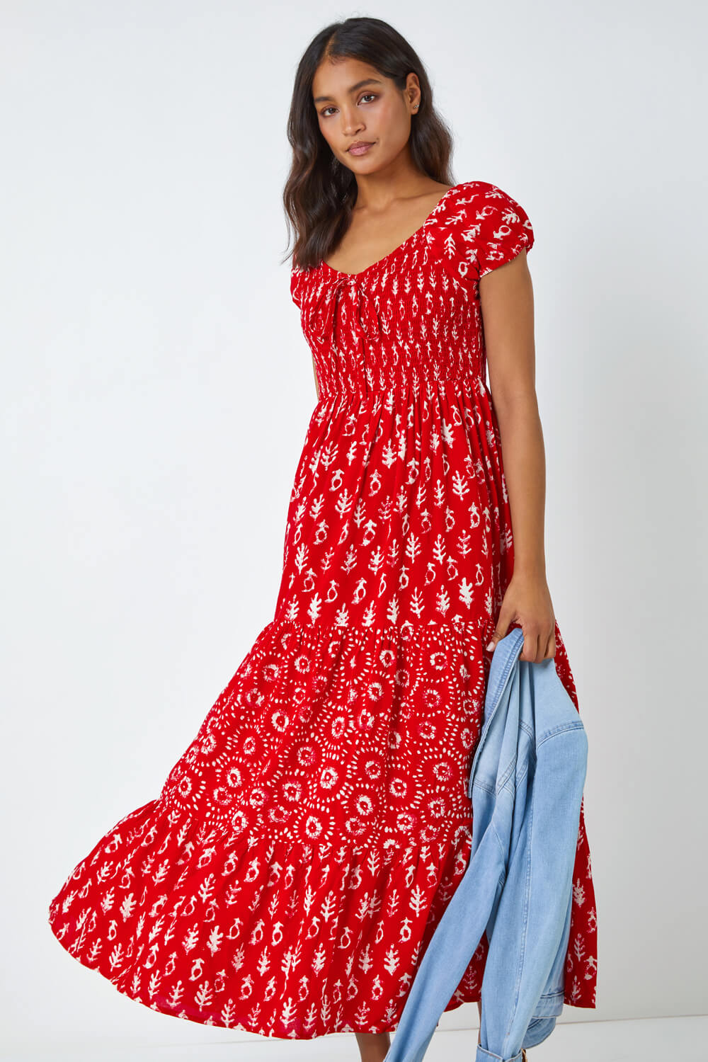 Red Boho Print Tiered Maxi Dress, Image 4 of 7