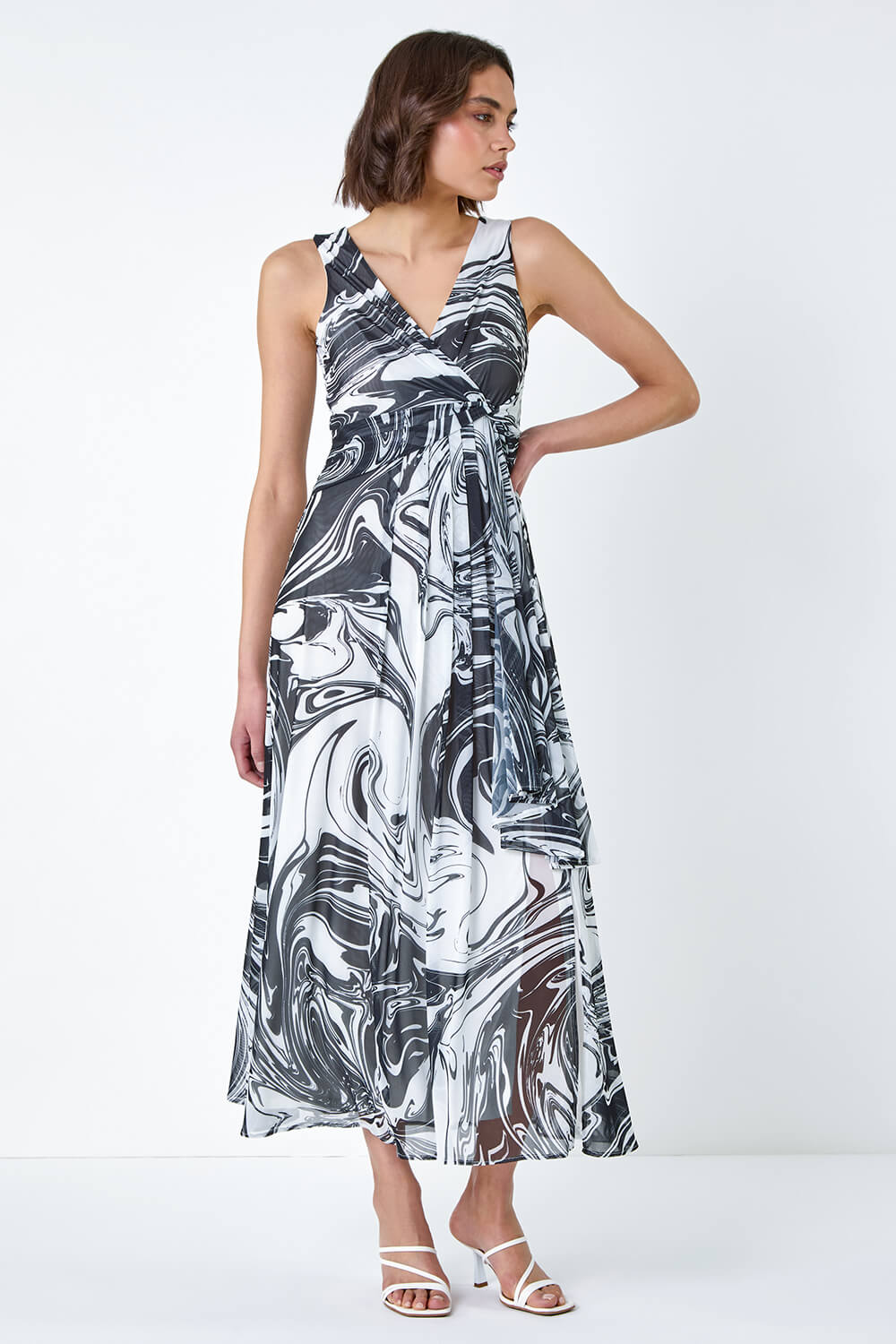 Marble Print Wrap Mesh Dress