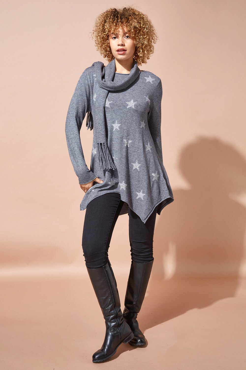 Light-Grey Star Print Knitted Tunic with Tassel Scarf, Image 2 of 4