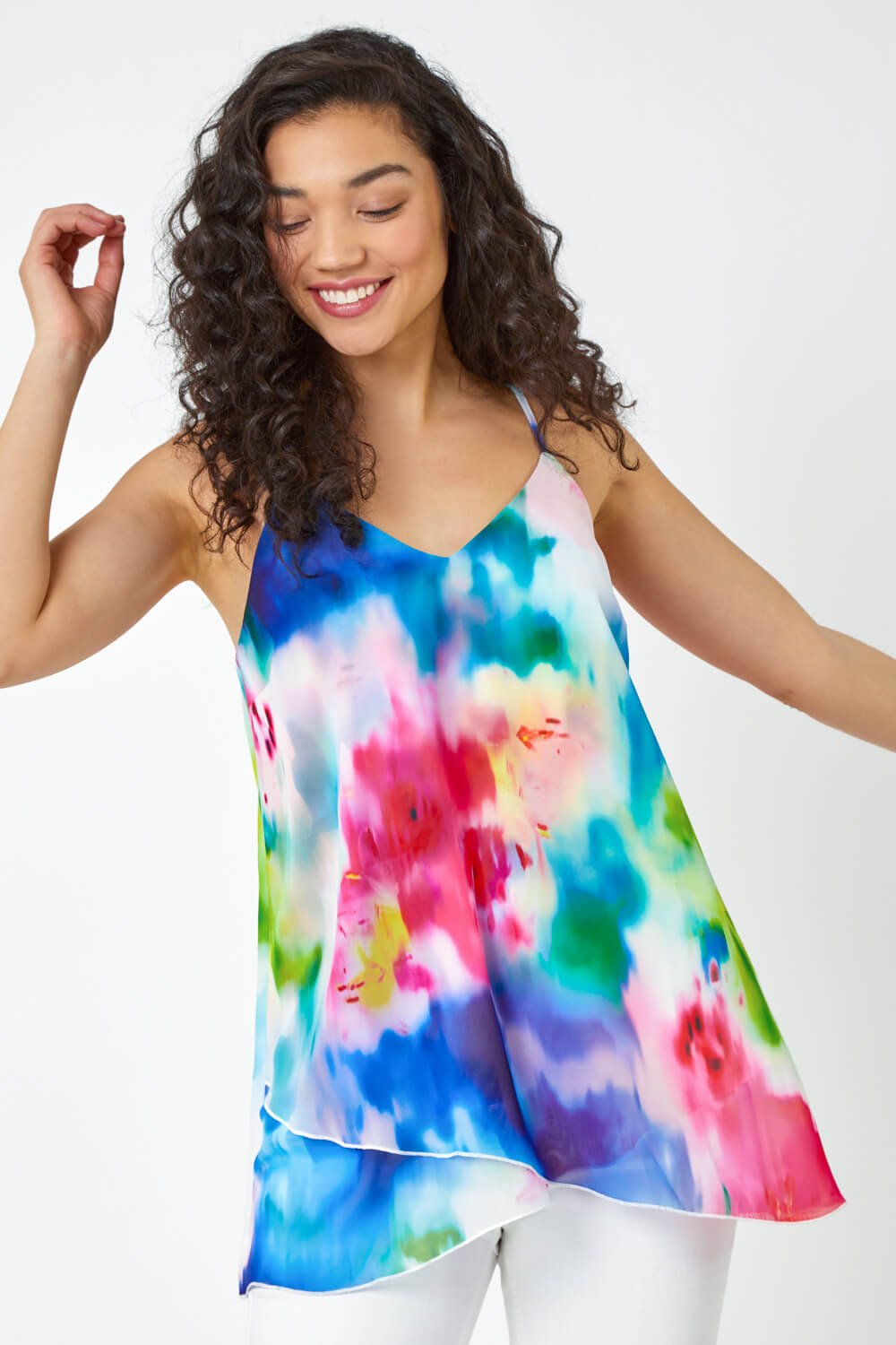 Blue Abstract Print Double Layer Cami Top, Image 2 of 5