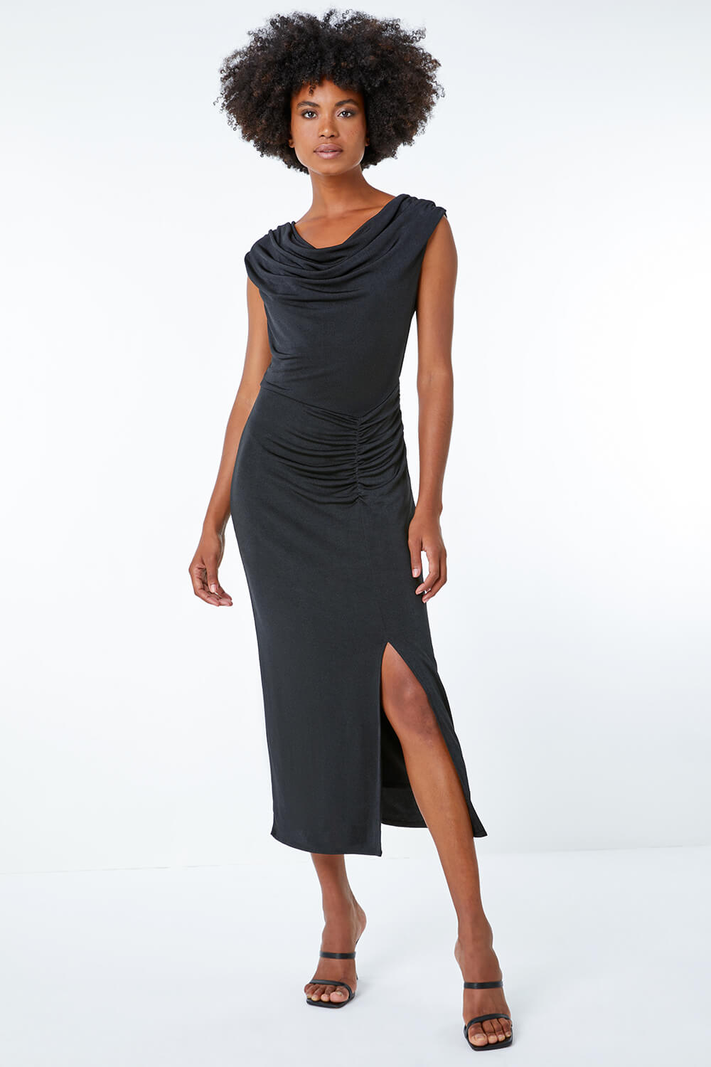 Black Cowl Neck Ruched Midi Dress, Image 2 of 5