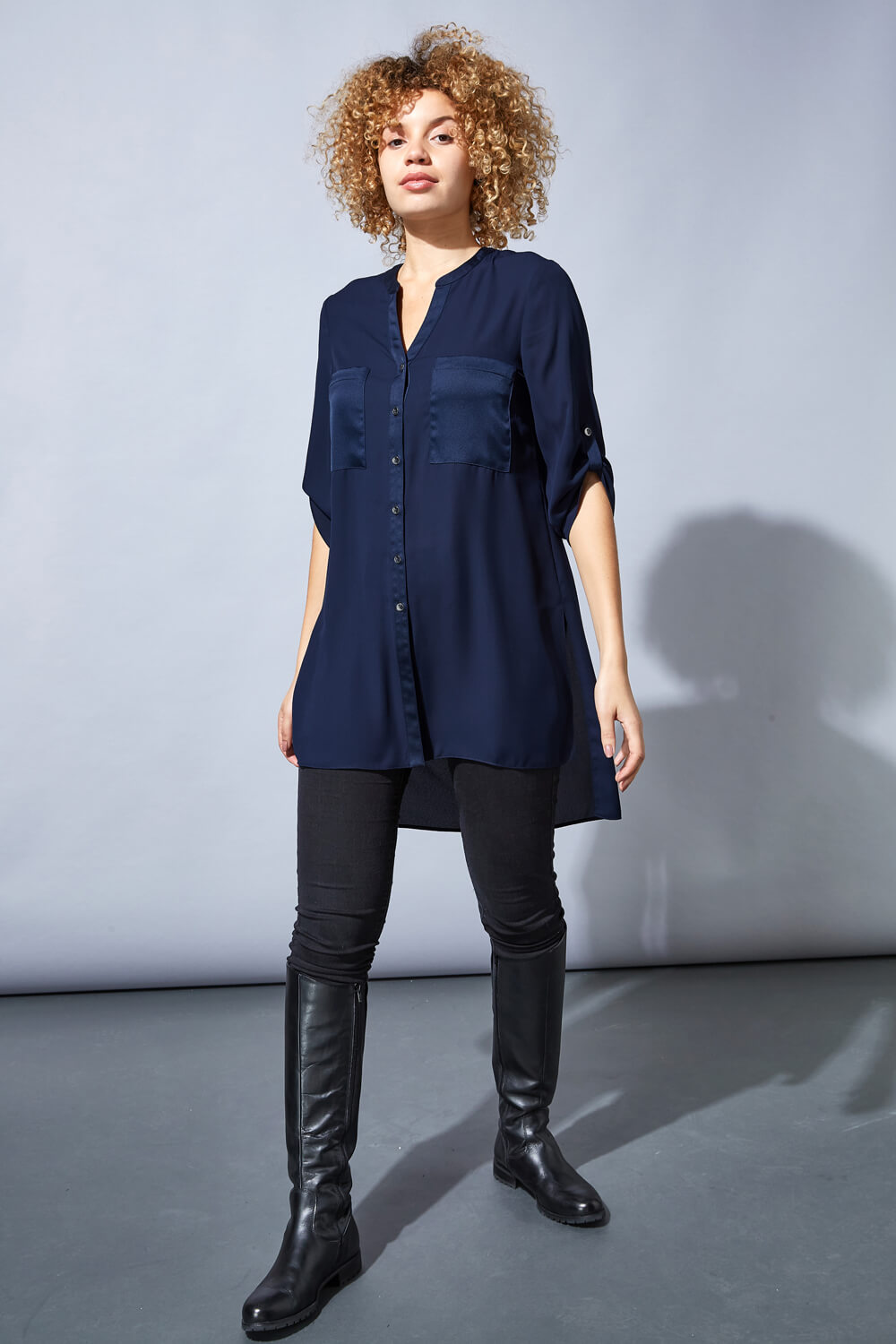 Navy  Longline Button Through Blouse, Image 2 of 4