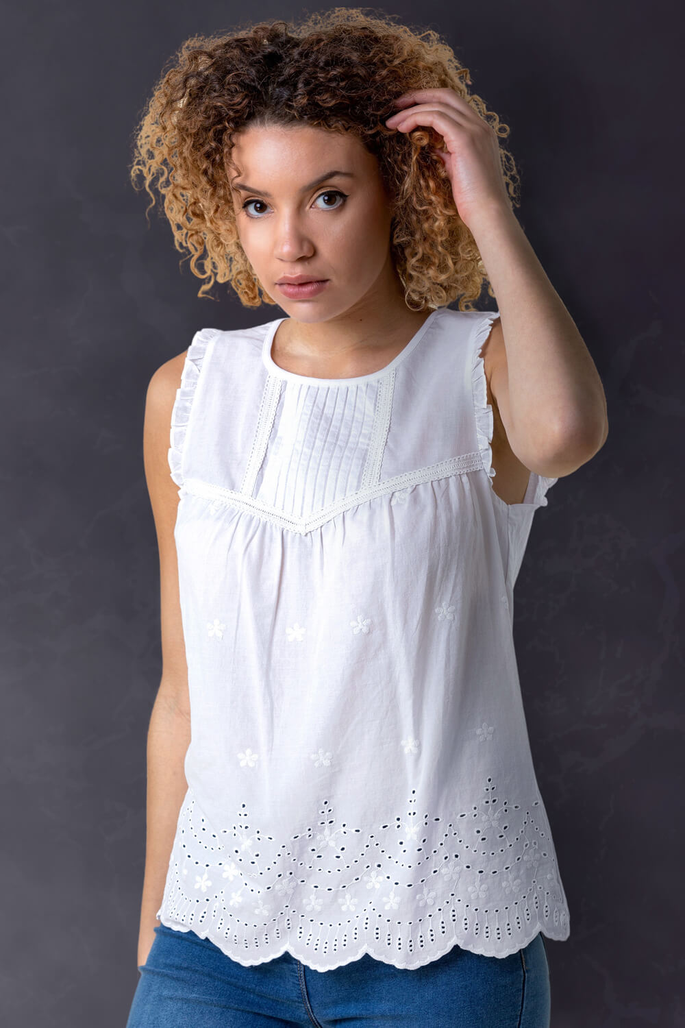 Ivory  Embroidered Pintuck Detail Top, Image 3 of 5