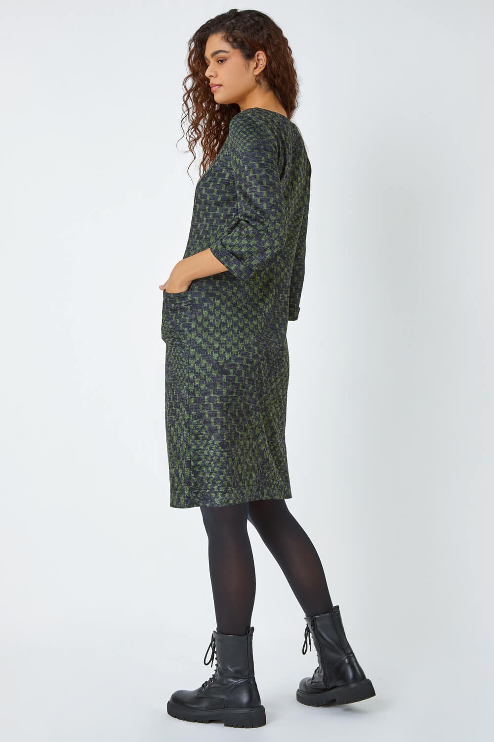 Green Abstract Check Print Shift Stretch Dress, Image 3 of 5