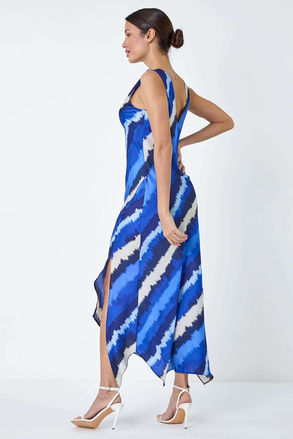 Royal Blue Stripe Print Satin Midi Slip Dress, Image 3 of 5