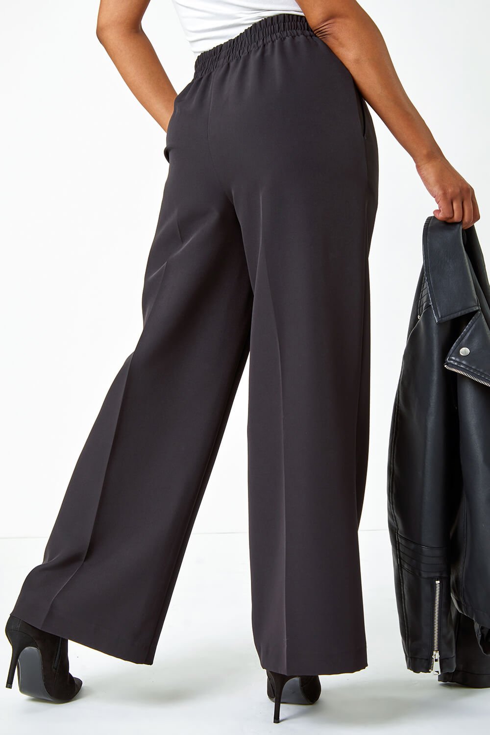 Black Petite Wide Leg Stretch Trousers, Image 3 of 5