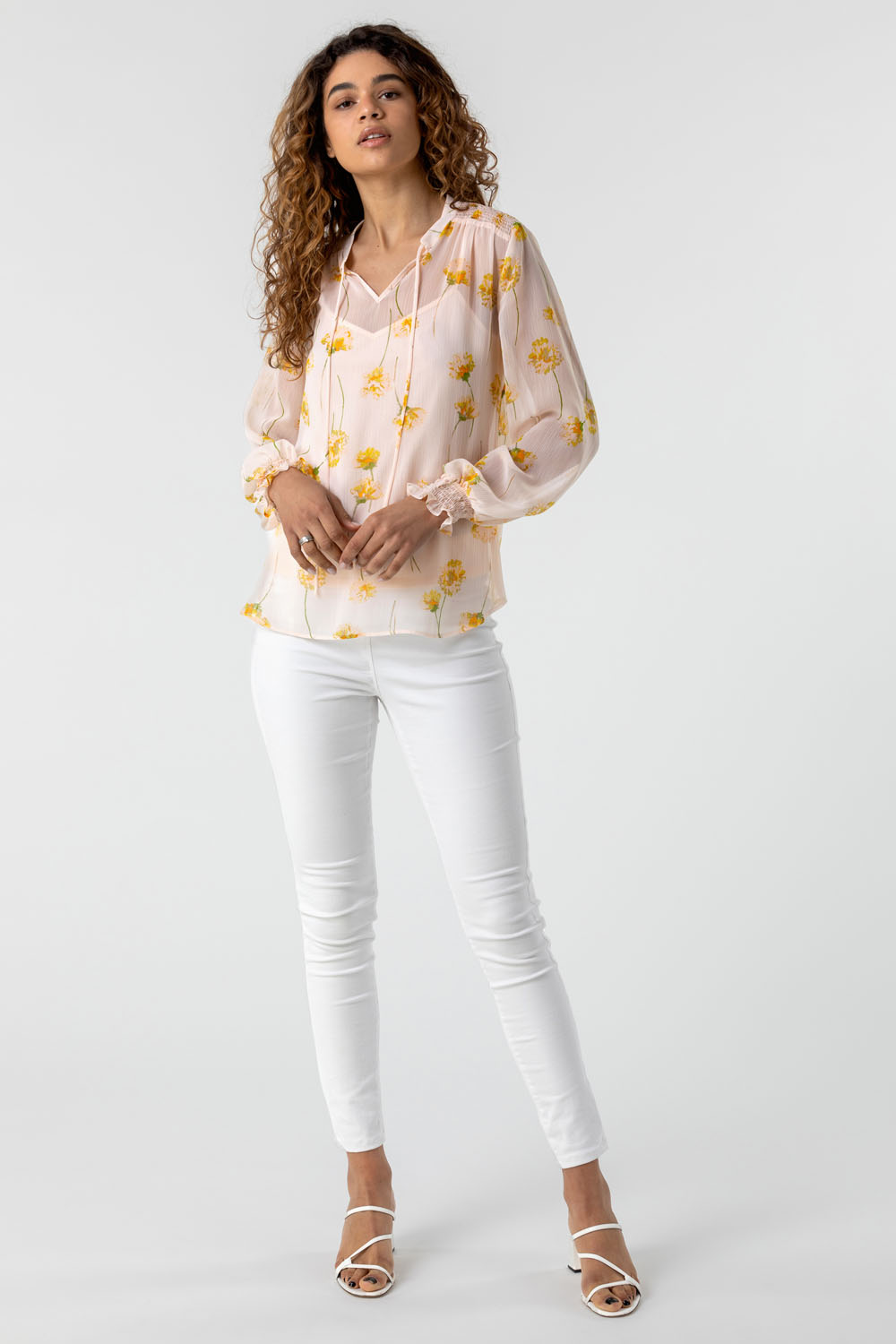Yellow Shirred Detail Floral Blouse with Cami, Image 3 of 4