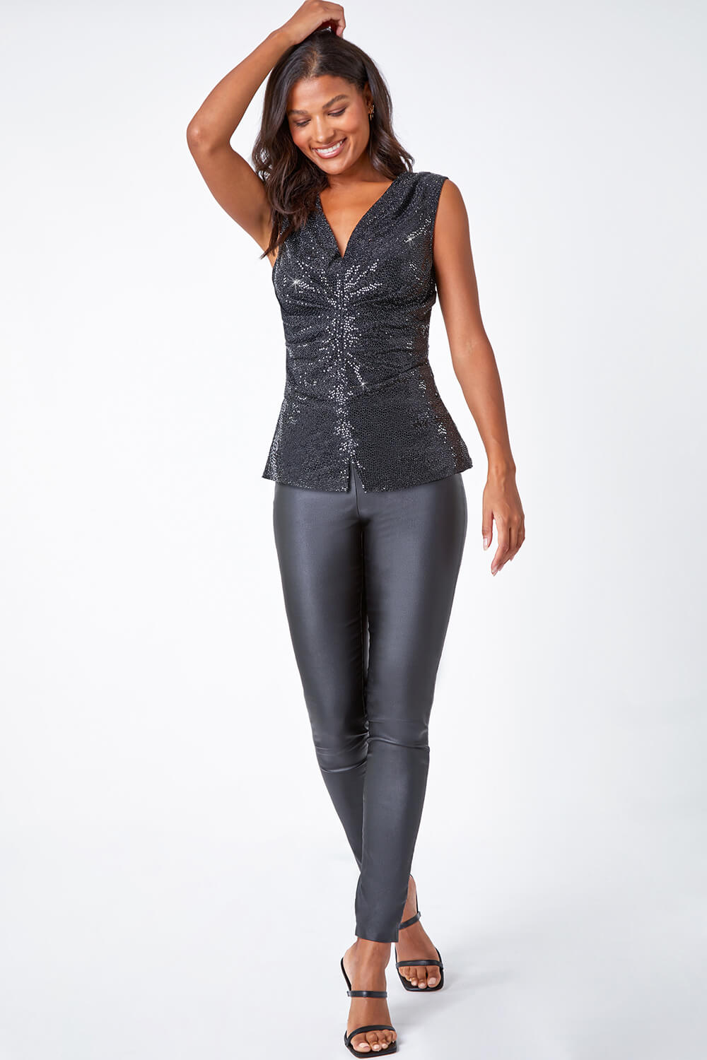 Black Ruched Sequin Stretch Vest , Image 2 of 5
