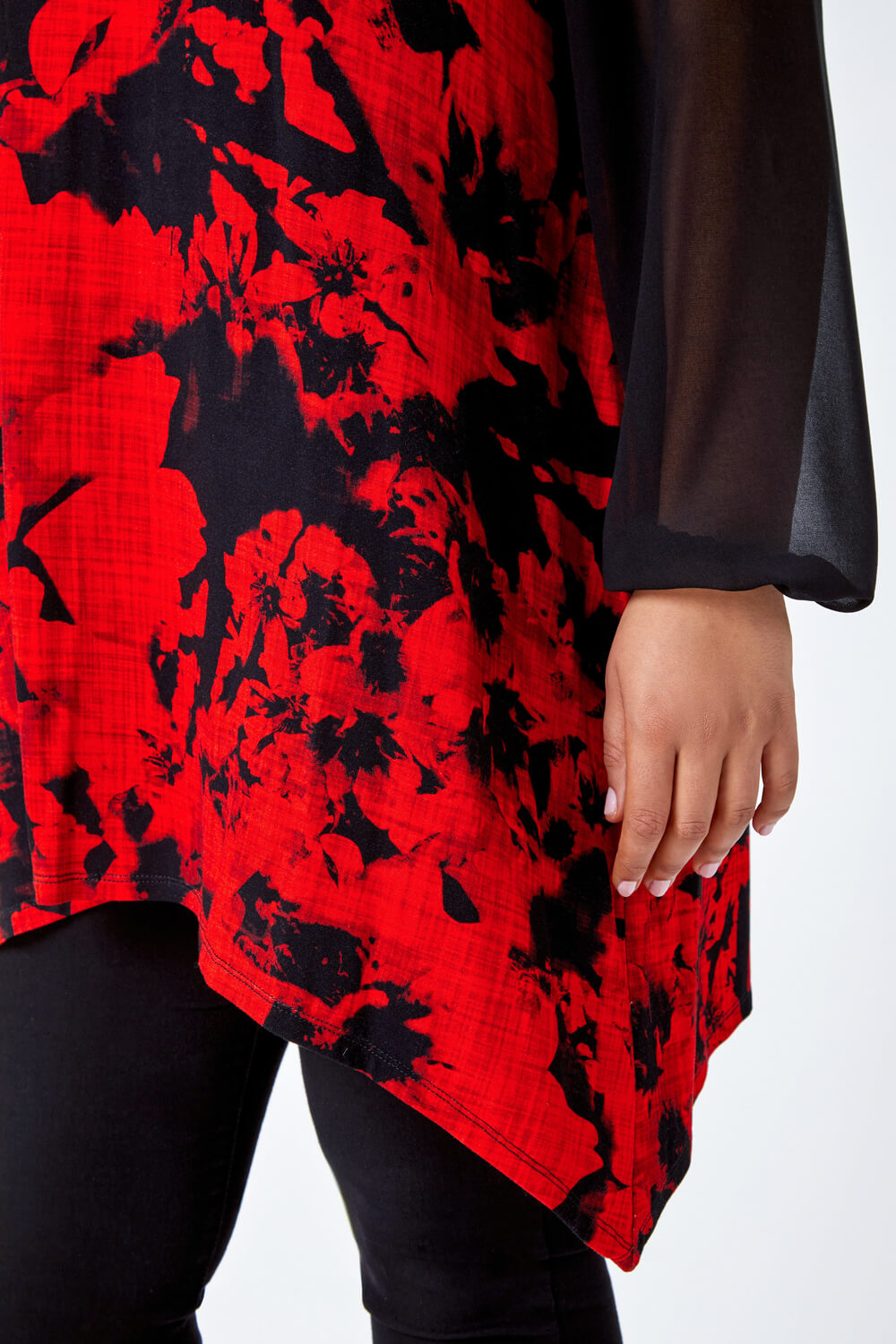 Red Curve Floral Chiffon Sleeve Stretch Top , Image 5 of 5
