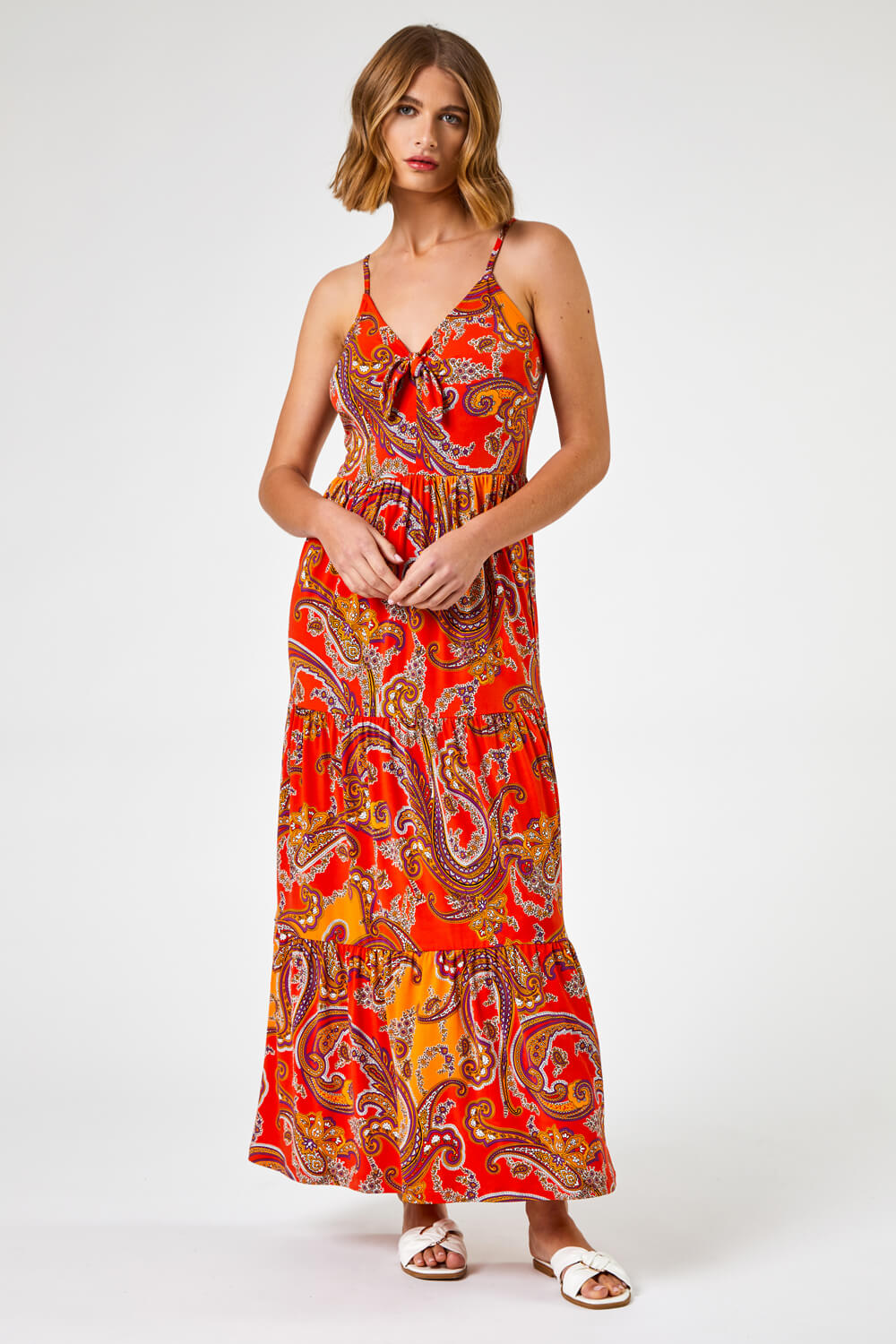 Red Paisley Print Tiered Maxi Dress, Image 3 of 5