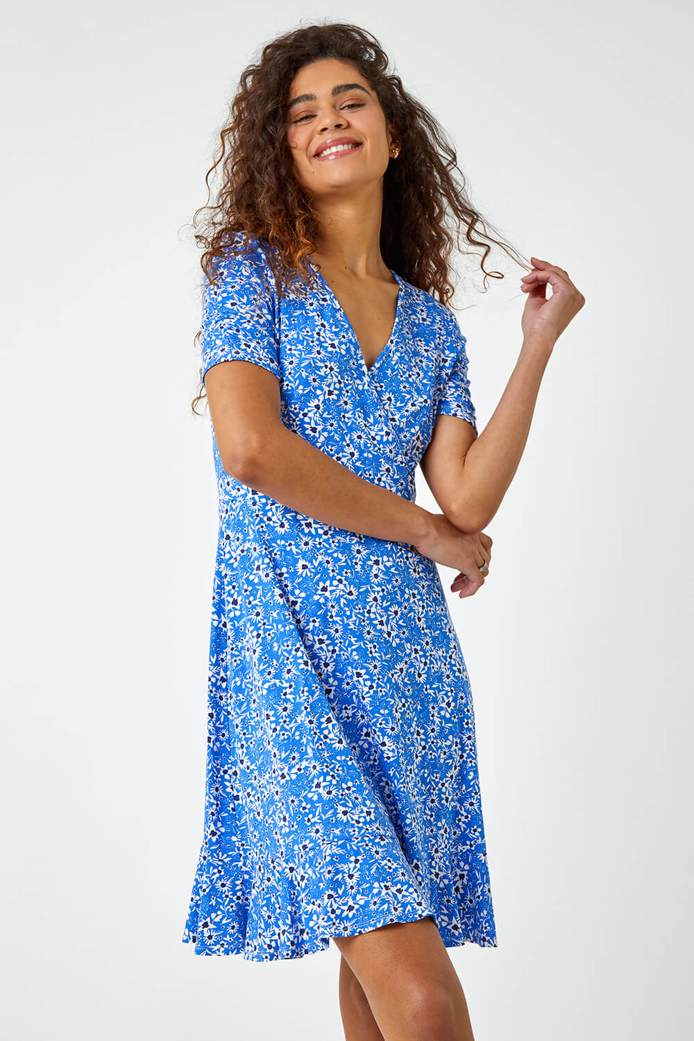 Blue Floral Print Wrap Dress, Image 2 of 5