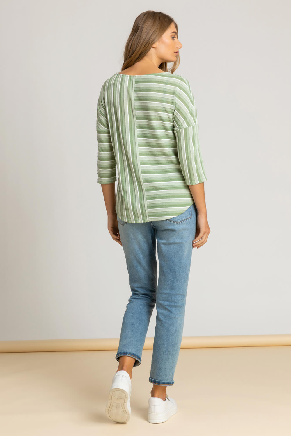 Green Textured Stripe Print Top, Image 2 of 4