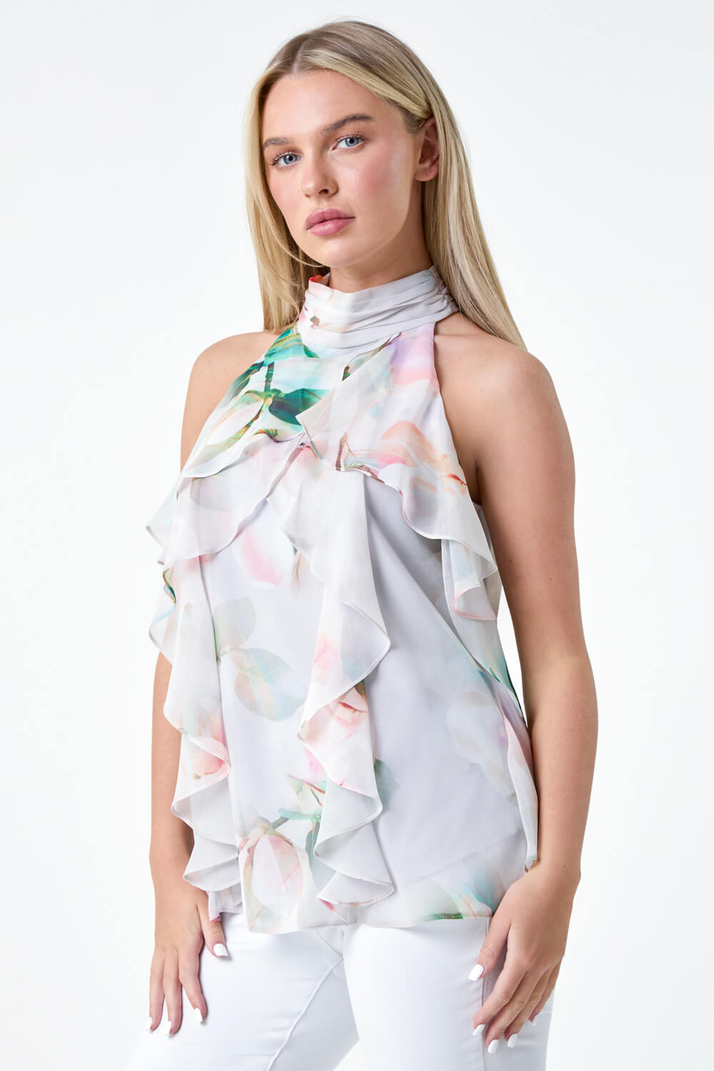 Grey Petite Floral Frill Halter Neck Top, Image 4 of 5