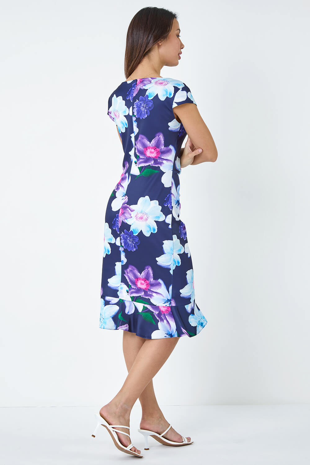 Navy  Premium Stretch Floral Ruched Frill Hem Dress, Image 3 of 5