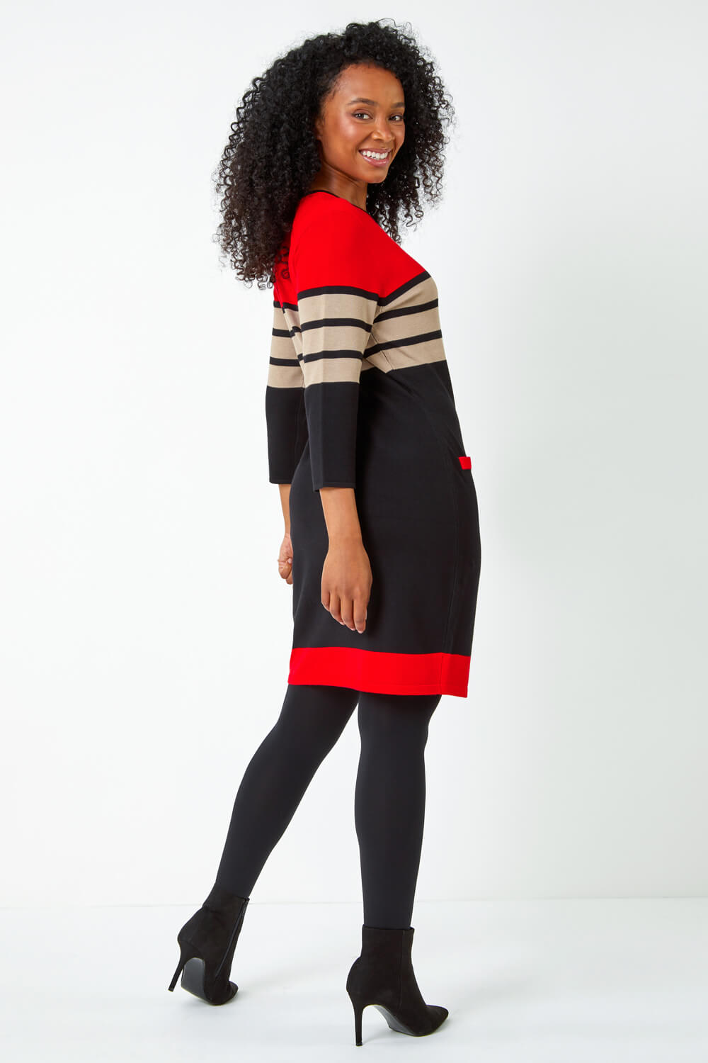 Red Petite Stripe Print Pocket Jumper Dress, Image 3 of 5
