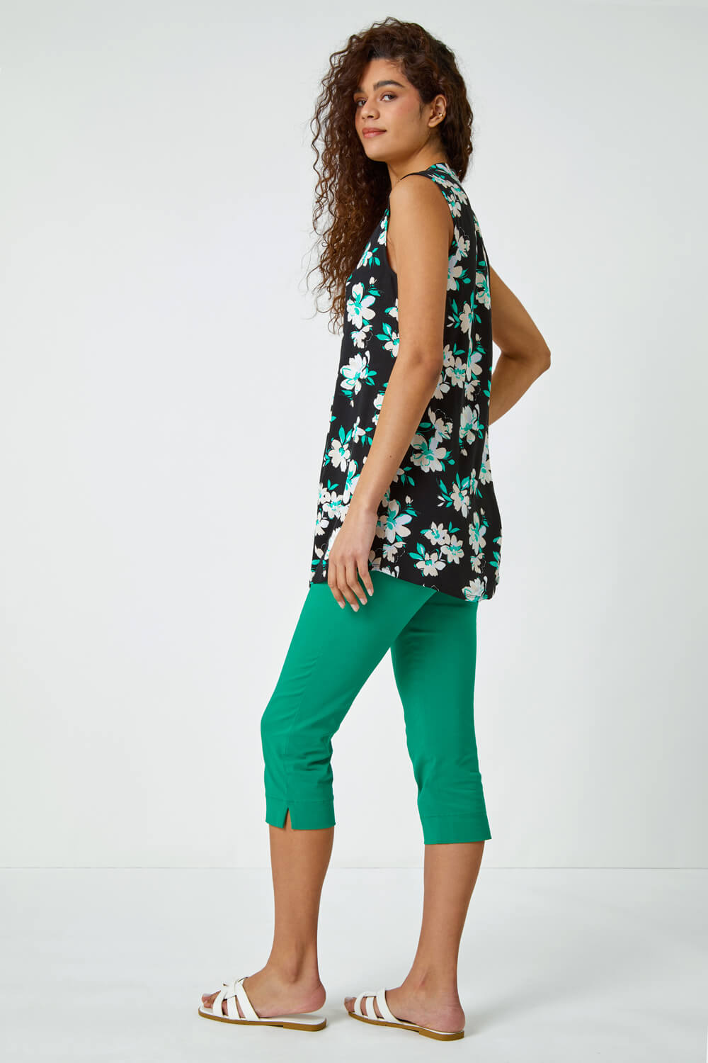 Green Sleeveless Floral Print Smock Top, Image 3 of 5