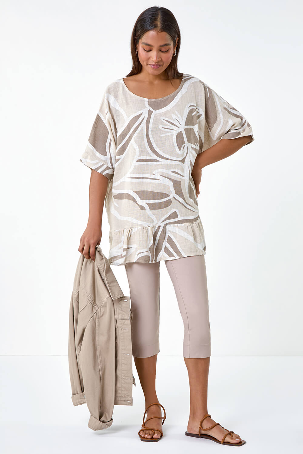 Taupe Cotton Oversized Leaf Tunic Top, Image 2 of 5