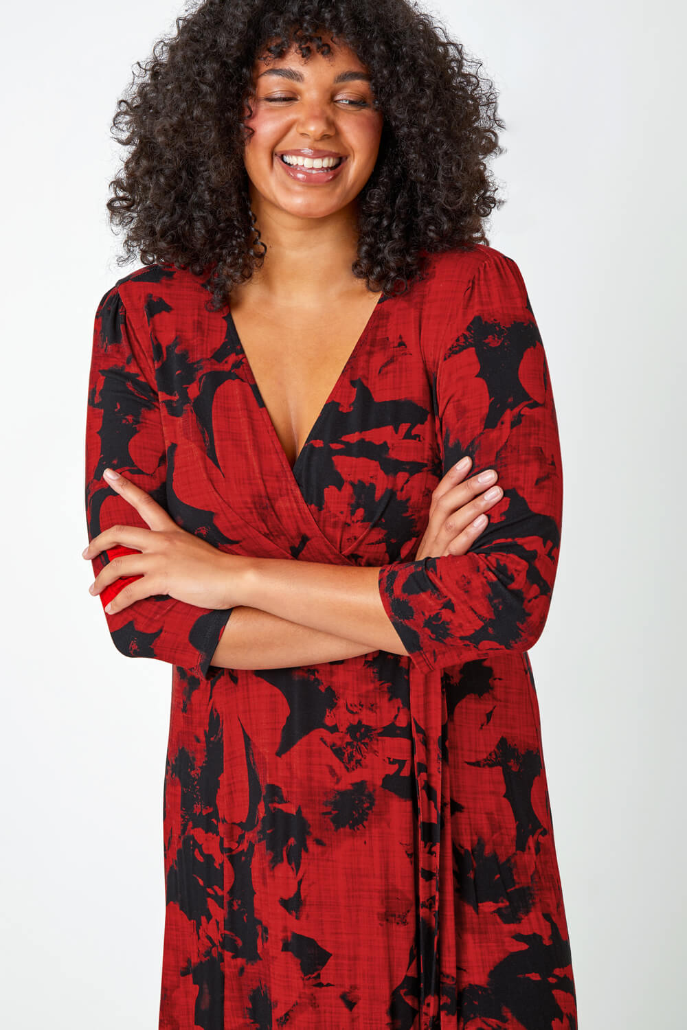 Red Curve Floral Wrap Stretch Midi Dress, Image 4 of 5