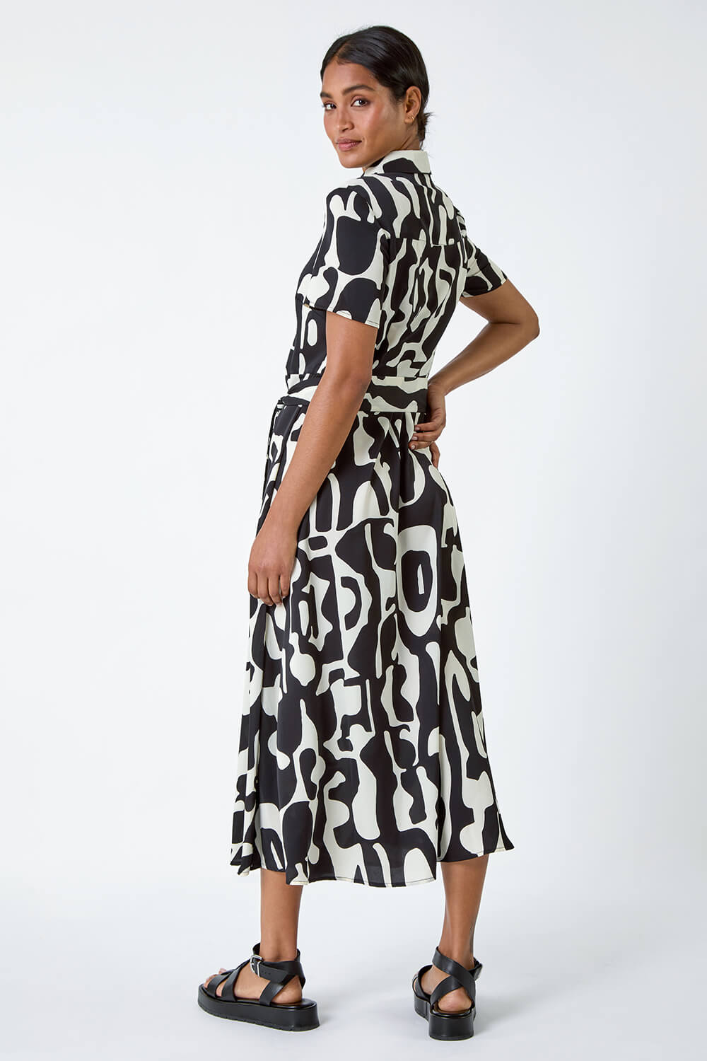 Black Abstract Print Fit & Flare Shirt Dress, Image 3 of 5
