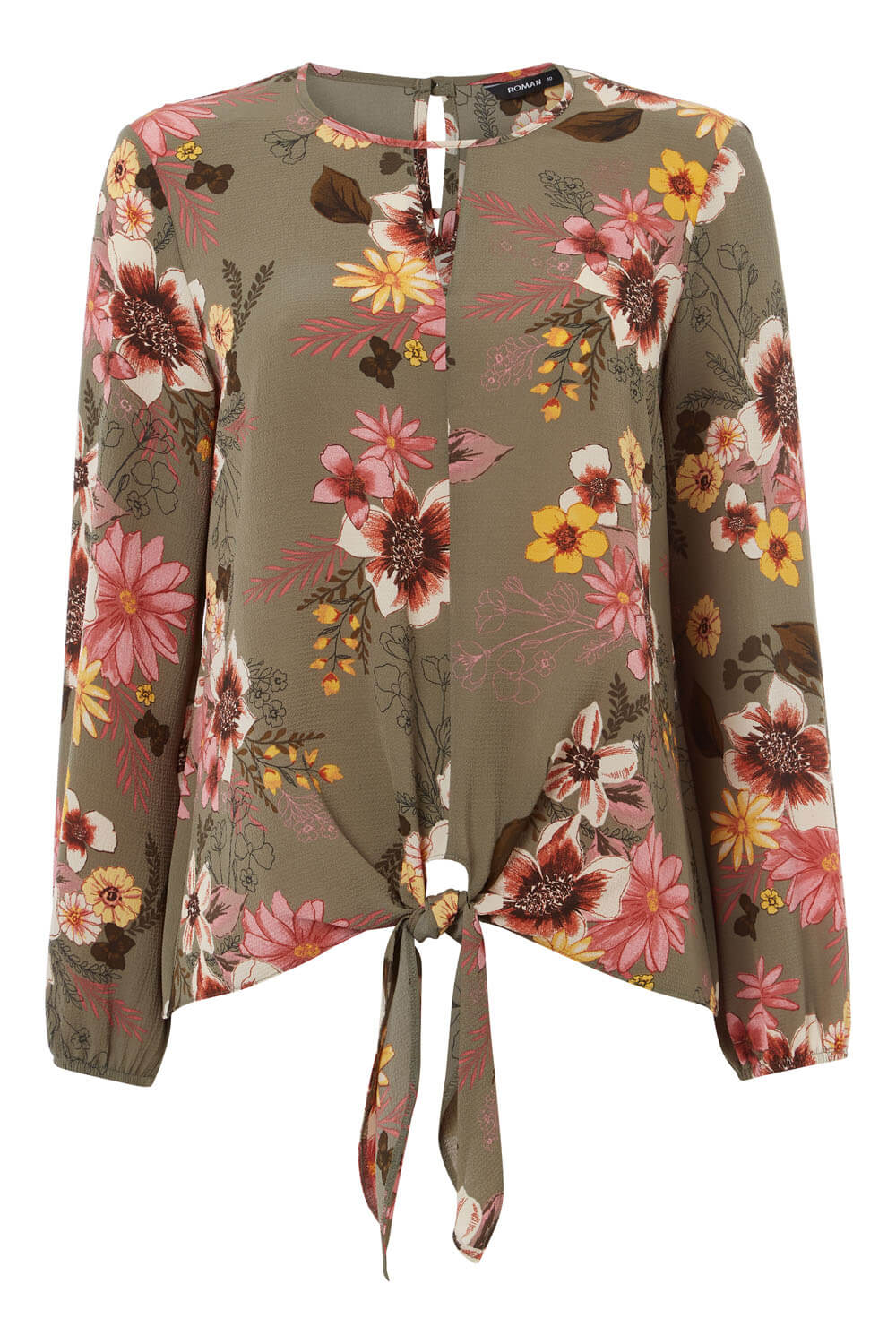 KHAKI Floral Tie Front Top, Image 4 of 8